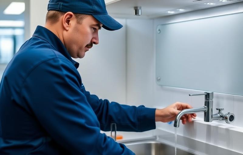 Commercial plumber repairing fixtures in a Dallas business